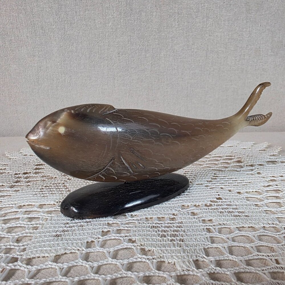 Vintage Horn Carved Fish Sculpture With Dark Base